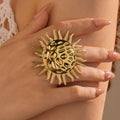 Statement Stainless Steel Sun Flower Waterproof Ring Vintage Adjustable Gold Hammered Txture Design Fashion Jewelry Wholesale