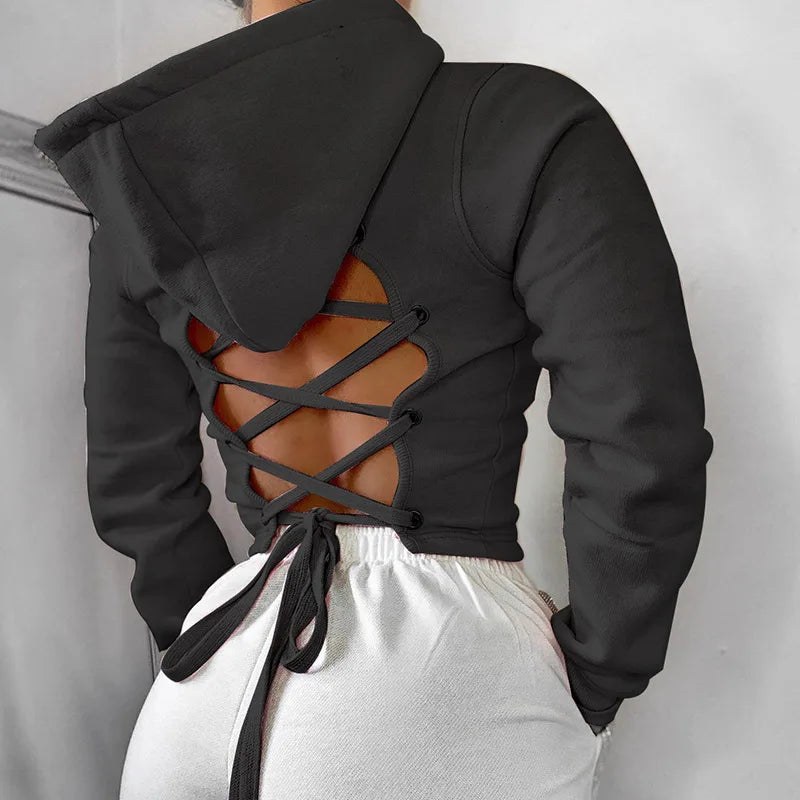 Cotton Fleece Custom logo Pullover Ladies Tie Back Women Crop Top Lace up Hockey Hoodie