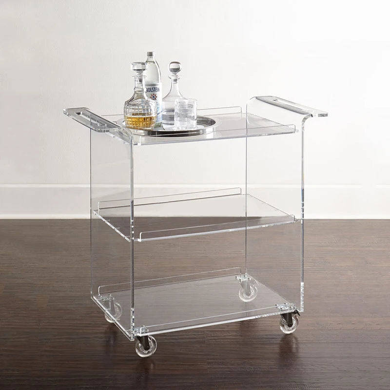 Modern Transparent Acrylic 4-Wheel 3-Shelf Hotel Trolley for Home Bar Kitchen Dining Living Room-Commercial Furniture