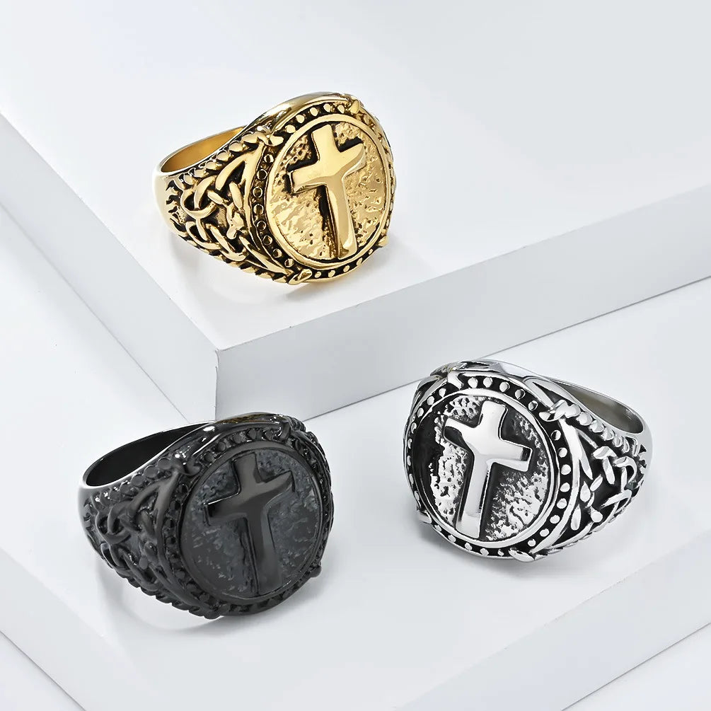 Men's Retro Punk Gothic Cross Rings Wholesale Daily Wear Hand Decoration Accessories Stainless Steel Gold Signet Jewelry