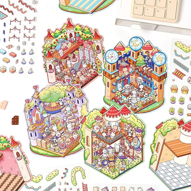 3 Stickers Per Pack Rainbow Fortress Series Miniature Scene Three-dimensional Scenery Stickers