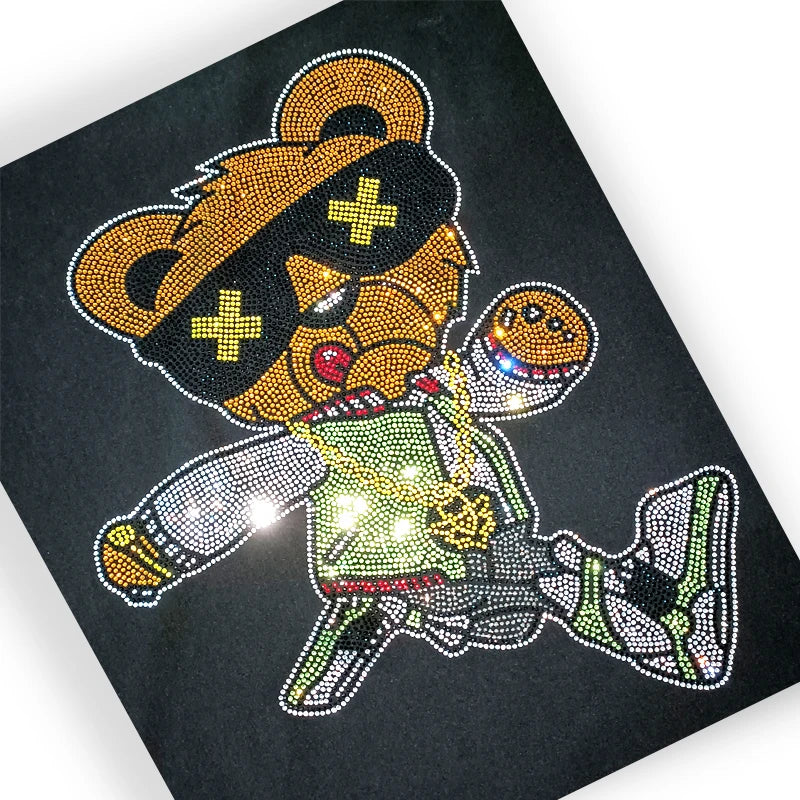 Custom Logo Bling Running Bear Hot Fix Rhinestone Transfer Motif Strass Iron on Hotfix Rhinestone Transfer for Hoodie