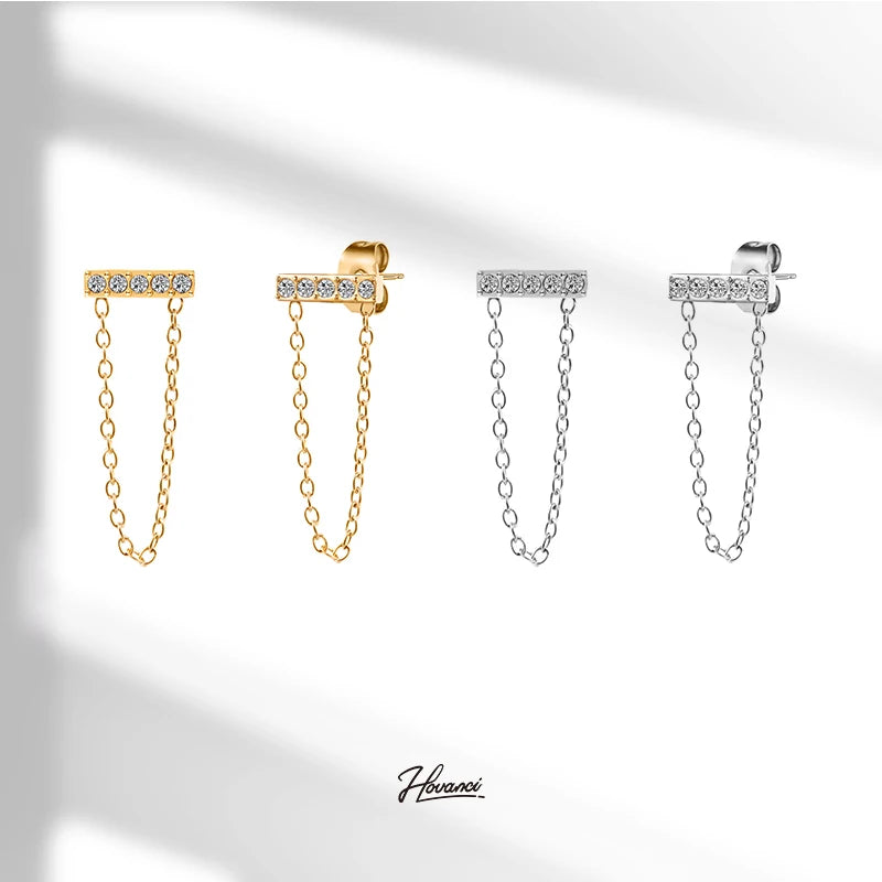 HOVANCI Western Jewelry for Women Joyas De Acero Inoxidable Para Mujer Designer  Women Luxury Zircon Earrings With Chain Drop