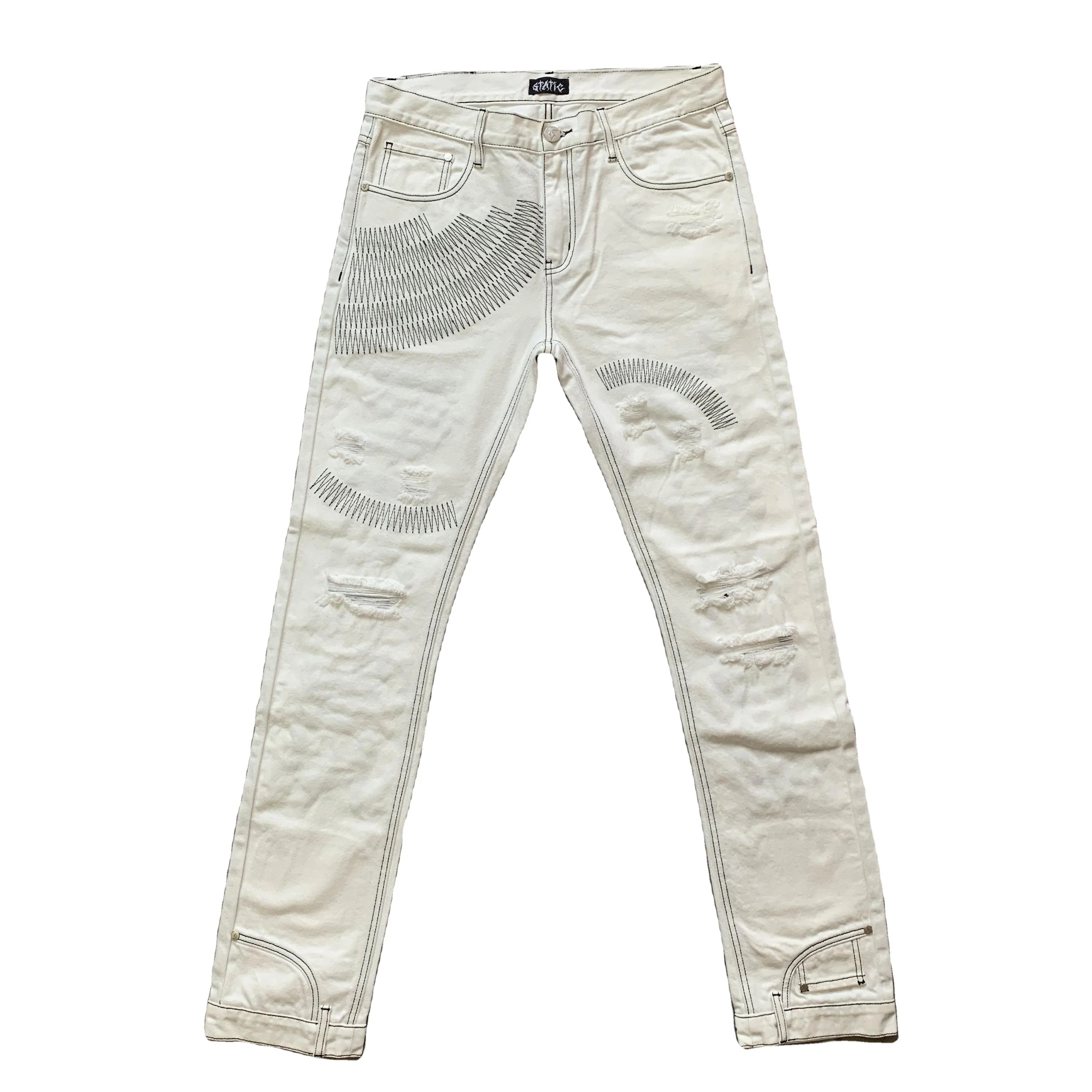 DENIMGUYS Supplier Factory Manufacturers Custom Men's Streetwear Stacked Skinny Distressing Ripped White Jeans for Men