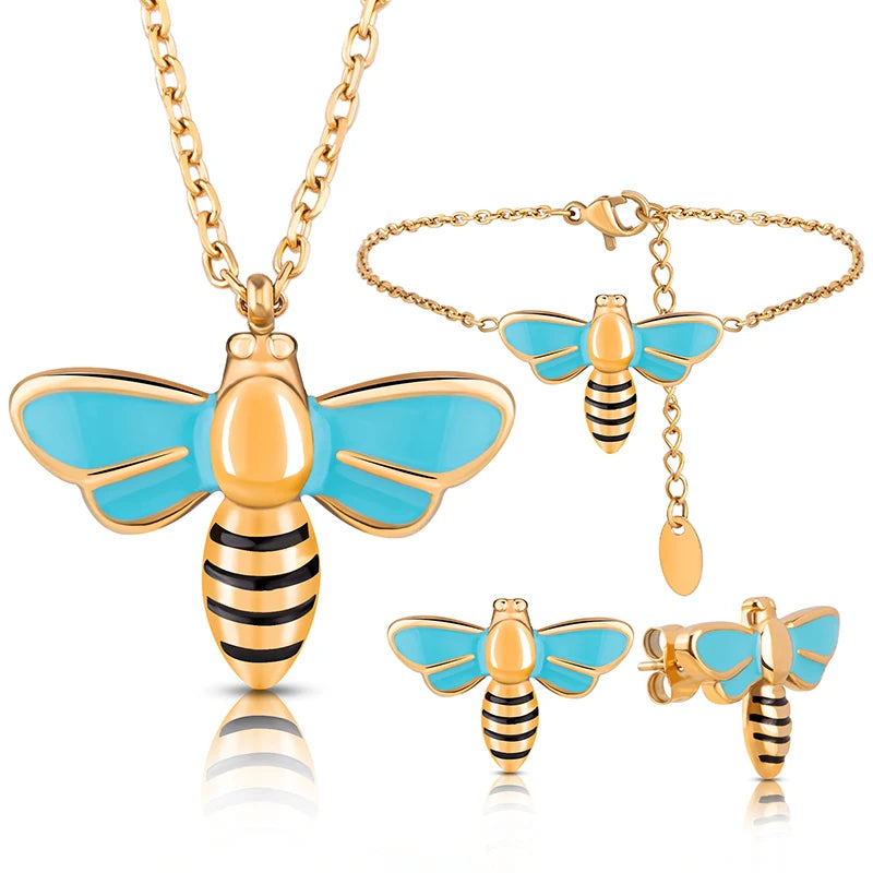 Dragonfly Drop Oil Stainless Steel Jewelry Sets 18k Gold Plated Personalized Diy Animal Bee Pendant Necklace Earring Bracelet