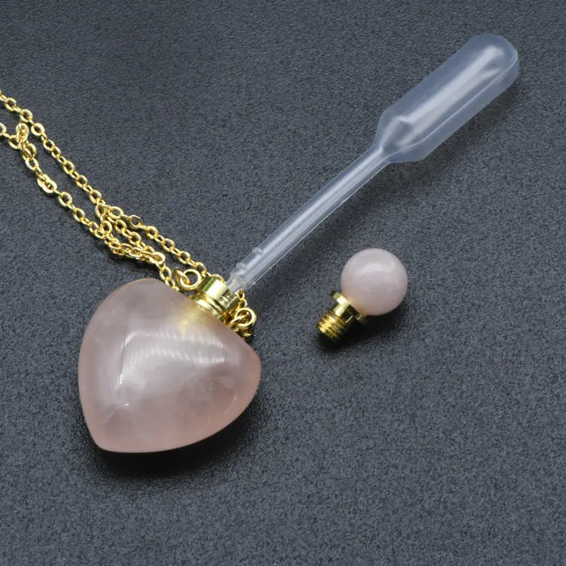 New Design Natural Rose Quartz Heart Shape Perfume Essential Oil Bottles Stone Pendant Necklace for Women