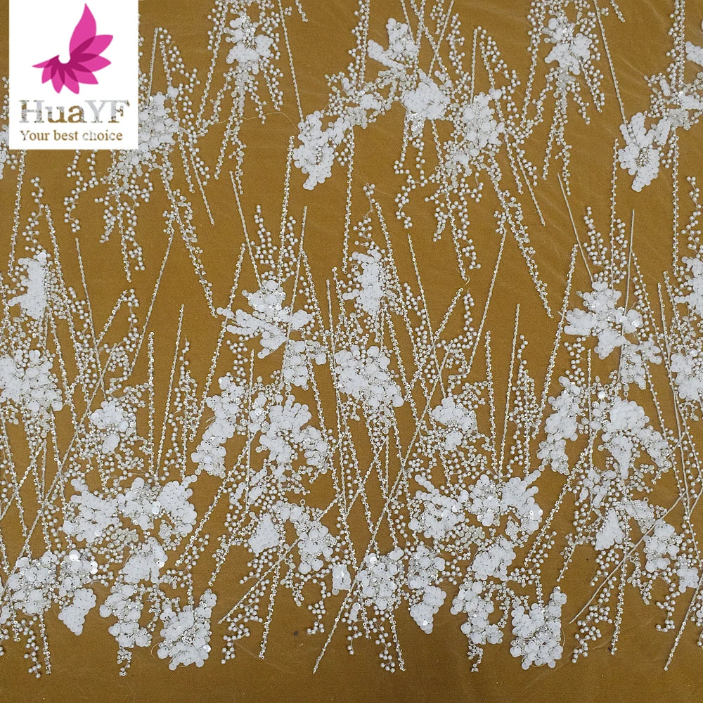 HY2454 Embroidery Wedding  Beads Sequins Beaded Lace Fabric Bridal Lace Dress Fabric Wholesale