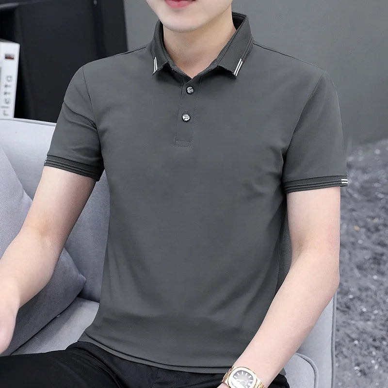 Summer Oversized T Shirt Men 2023 New Turn-down Collar Short-sleeved T-shirt Casual Solid Color Slim Fit Clothing