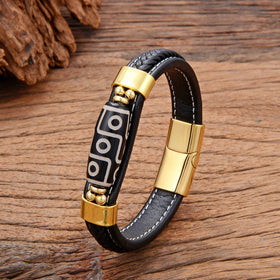 Ethnic Vintage Buddha Beads Stainless Steel Magnetic Buckle Genuine Leather Bracelet for Men Hand Jewelry