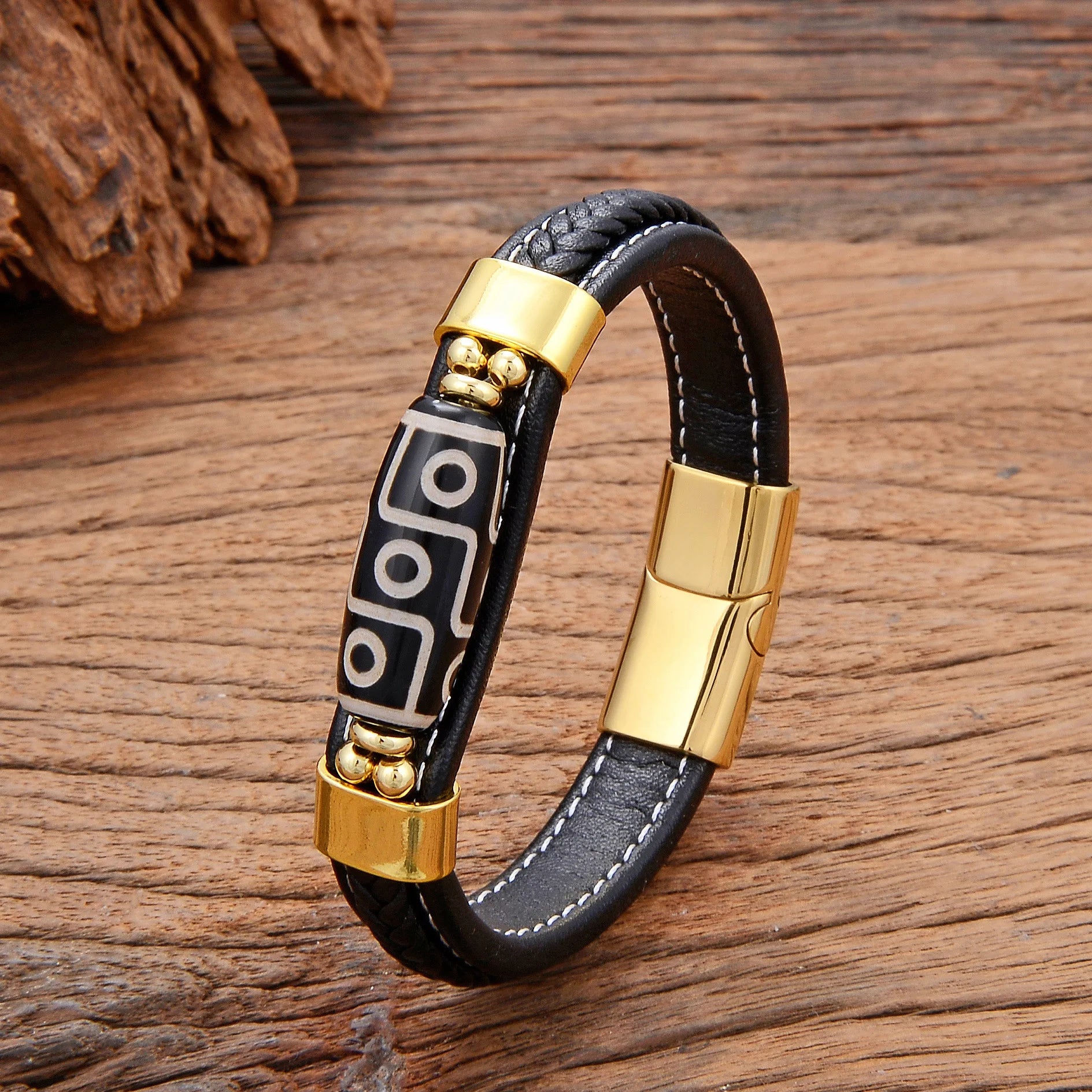 Ethnic Vintage Buddha Beads Stainless Steel Magnetic Buckle Genuine Leather Bracelet for Men Hand Jewelry