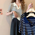Women Summer Short Sleeve Striped Knit T-shirt Korean Polo Lapel V-neck Thin Knitwear Tops Outwear Pullover Casual Tops T-shirt