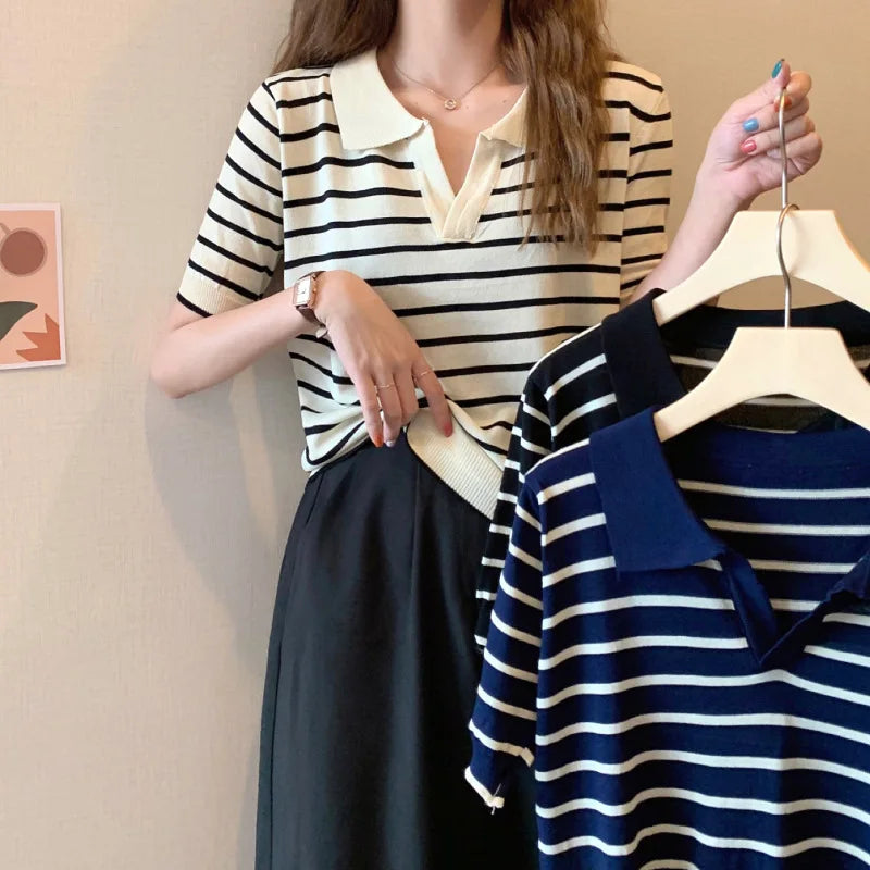 Women Summer Short Sleeve Striped Knit T-shirt Korean Polo Lapel V-neck Thin Knitwear Tops Outwear Pullover Casual Tops T-shirt