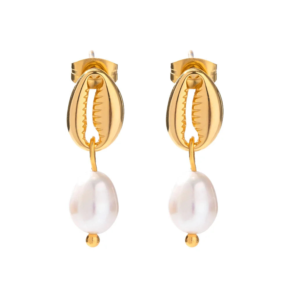 Aretas 2025 Trendy Stainless Steel Cute Jewelry Shell Earrings Stud 18k Gold Women's Waterproof Freshwater Pearl Drop Earrings