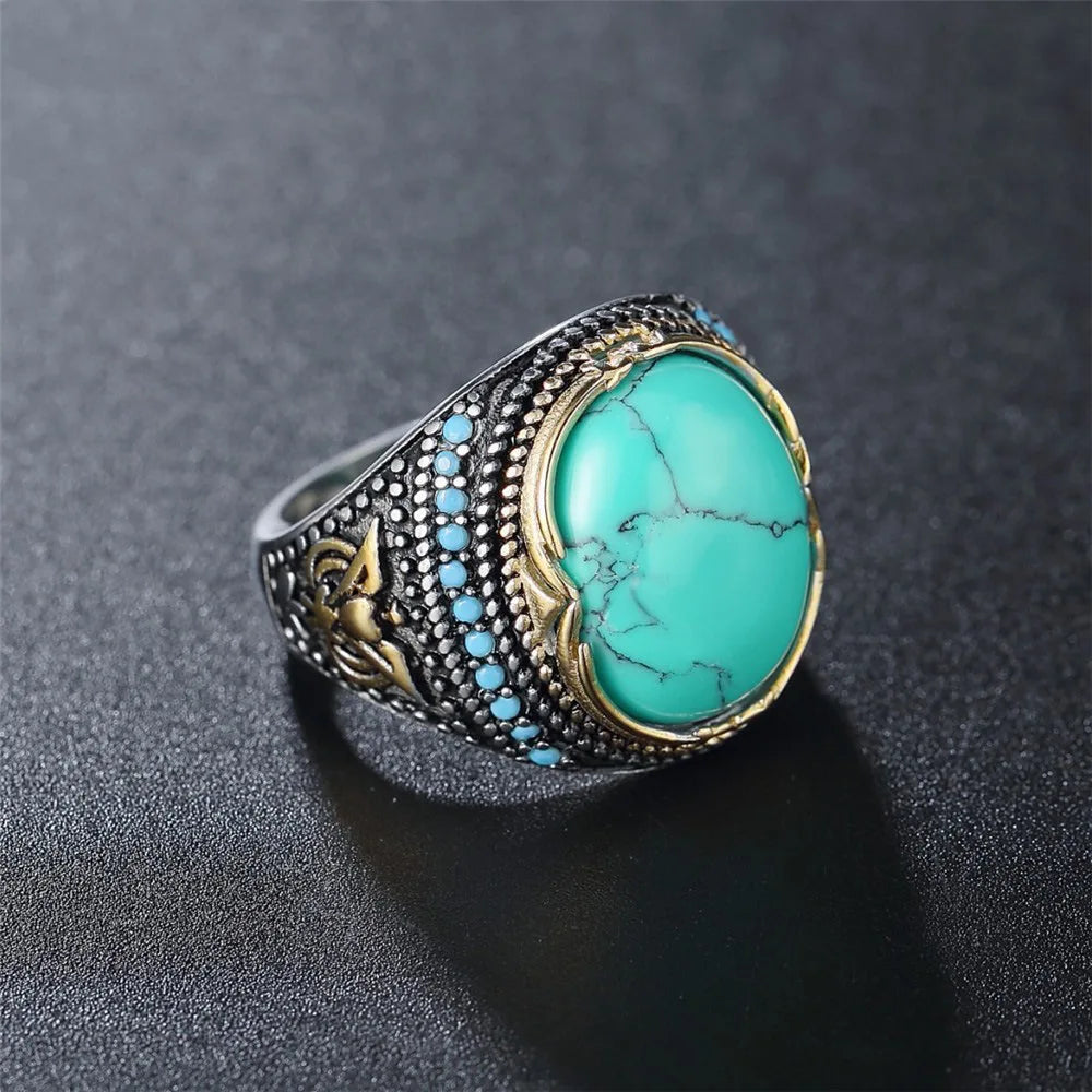 Stylish Fashion Stainless Steel Large Natural Gemstone Turquoise Stone Charm Finger Ring Jewelry Unisex Men Women