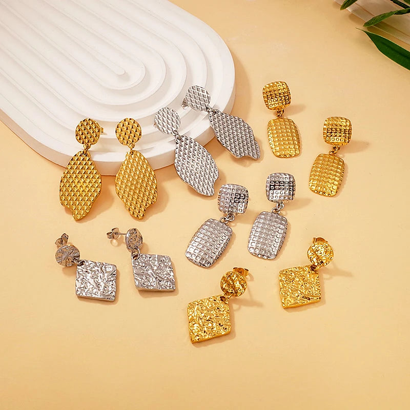 Fashion Stainless Steel Wholesale Jewelry 18K Gold Plated Hammered Textured Geometric Dangle Drop Earrings Daily Wear Designs