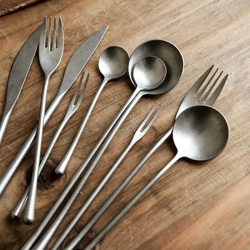 Retro Steak Knife and Fork Vintage Old Stainless Steel Western Tableware Dessert Spoon Snowflake Silver Frosted Knife Fork Spoon