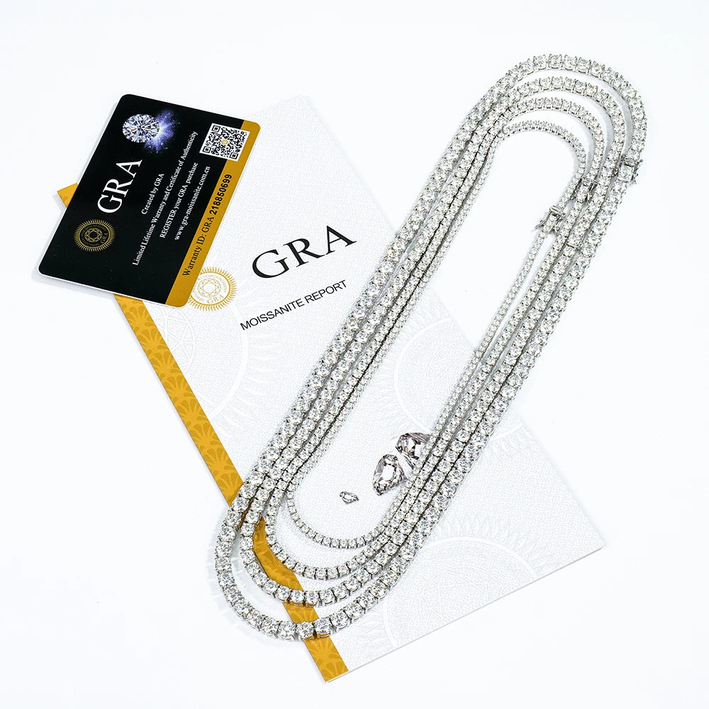 Gra 925 Sterling Silver HipHop  Jewelry Tennis Chain VVS 5MM  Moissanite Tennis Necklace