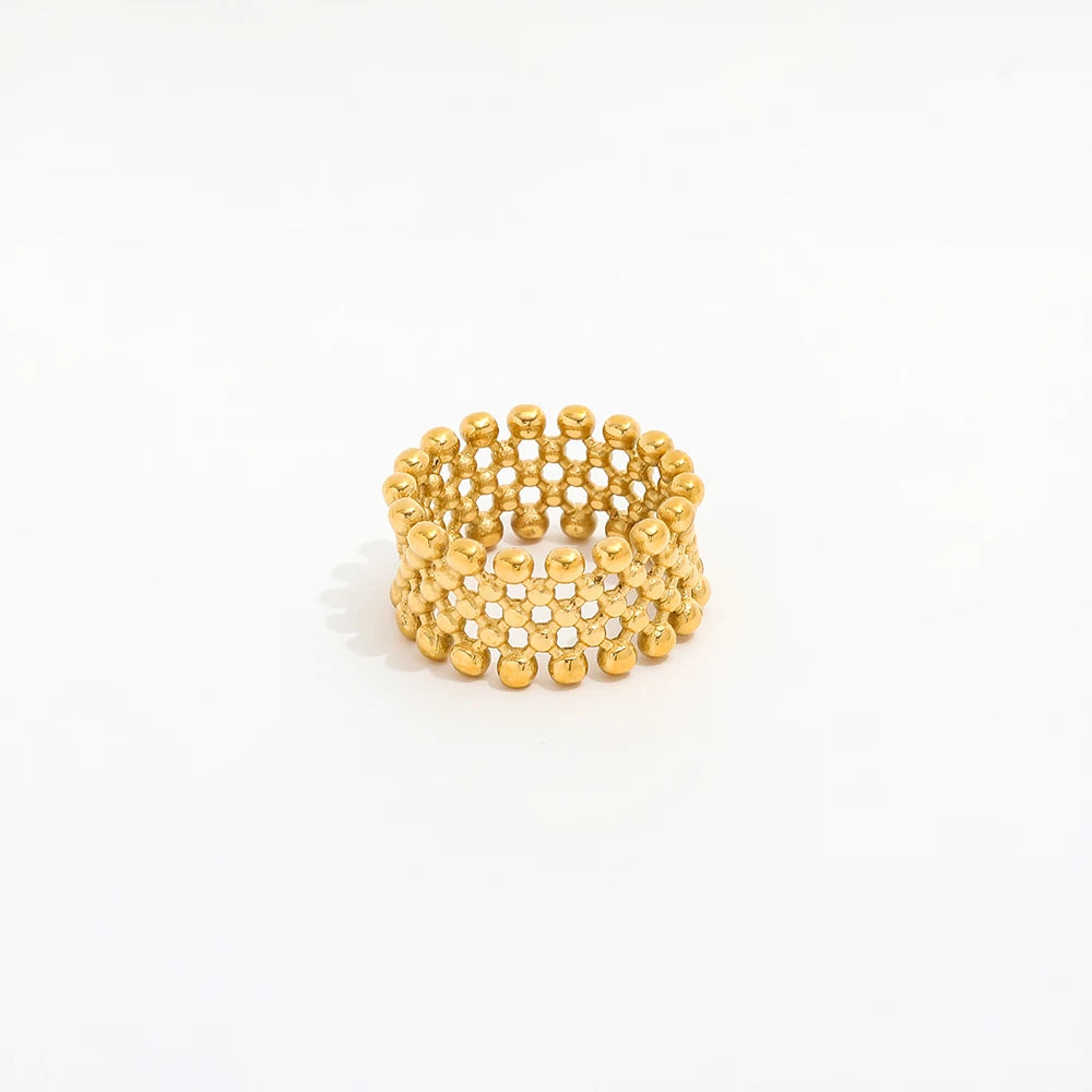 Fenny 18K Gold Plated Wholesale Waterproof Wide Hollow Small Bead Matrix Pave Stainless Steel Finger Ring Trendy for Women