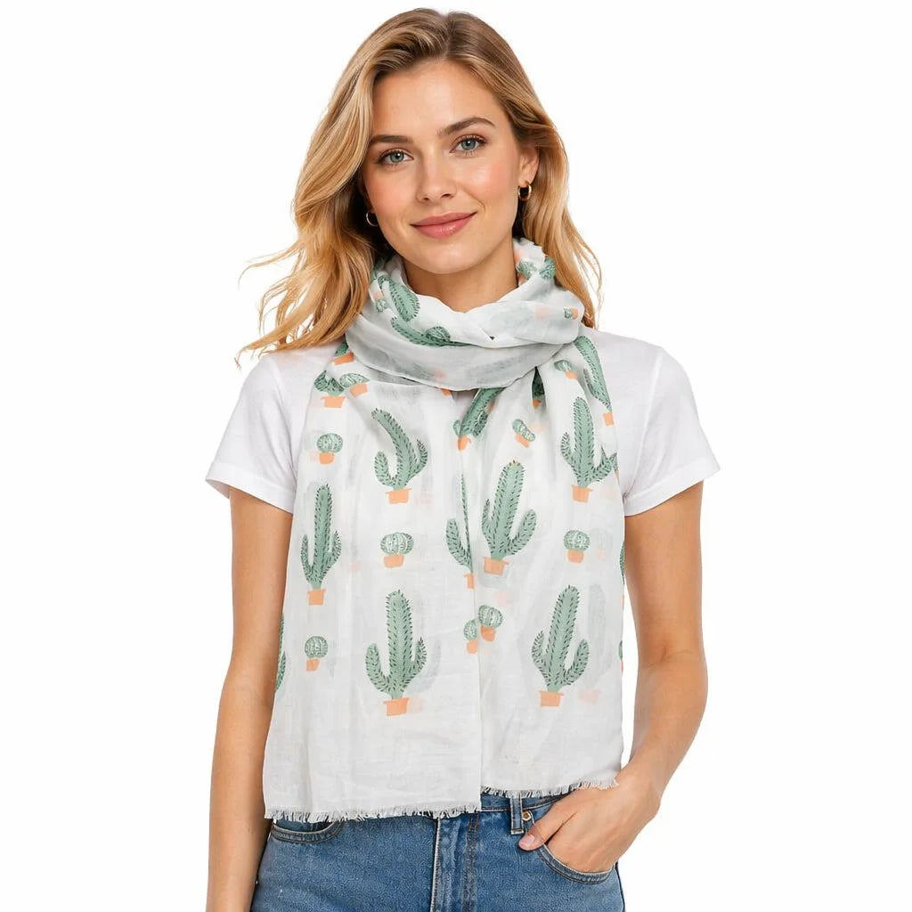 Spring Summer Women Fashion Soft Polyester Silk Screen Printed Green Cactus Long Shawl Scarf