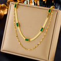 Stainless Steel Double Layer Square Green Zircon Necklace for Women Girl New Trend Choker Anti-rust Jewelry Gift