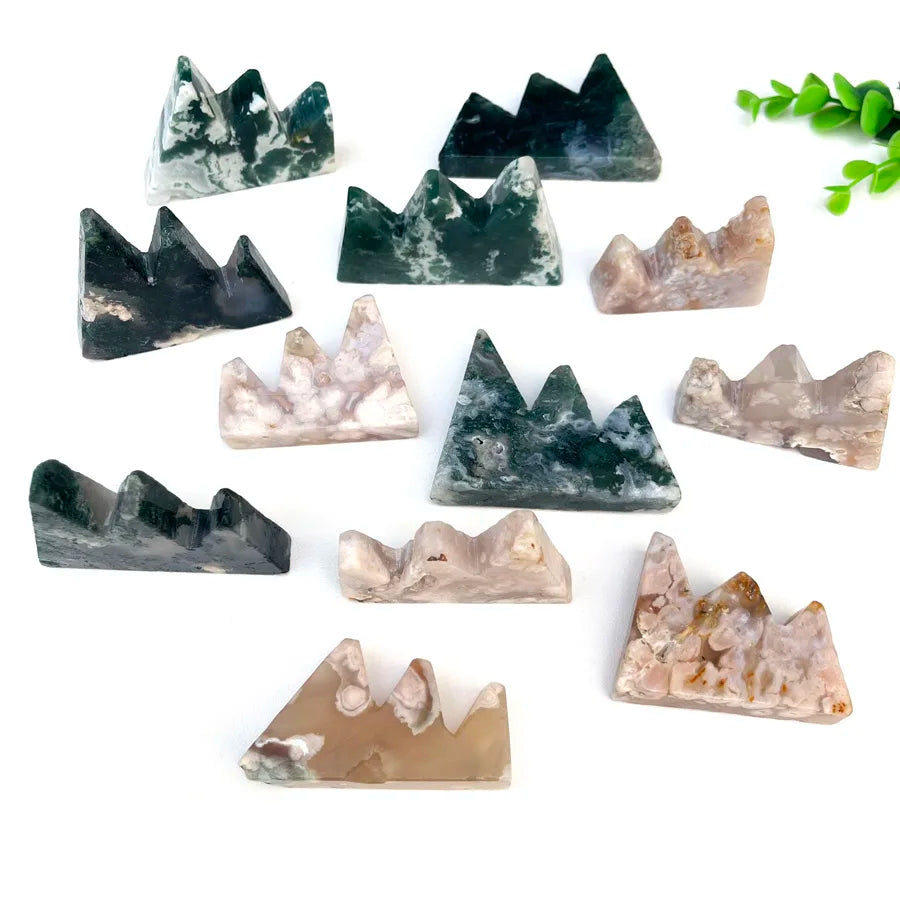 Cherry Blossom Agate Mountain Healing Crystal Carving Flower Agate Moss Agate Mountain for Decoration