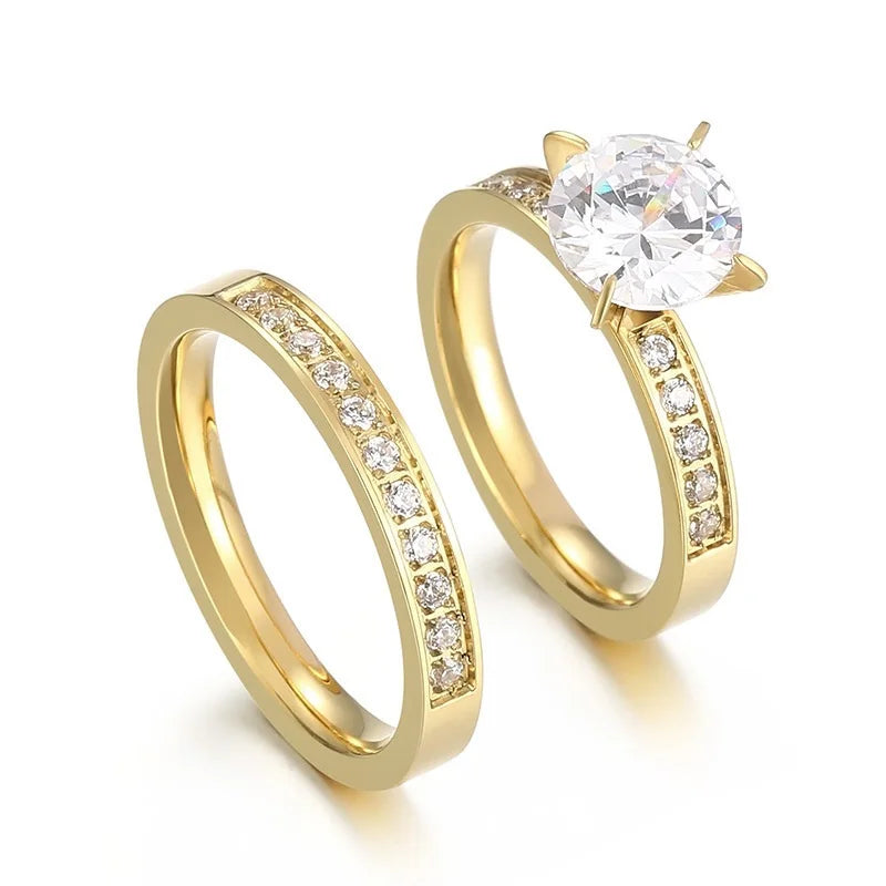 OAHLAN 18k Gold/Silver Plated 2CT Round Cut Cubic Zircon Inlay Stainless Steel Rings for Couples Women Men Engagement Wedding