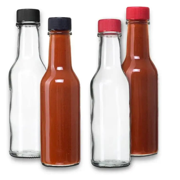 5 oz 150ml Clear Round Glass Hot Sauce Woozy Bottle with Black Red Cap