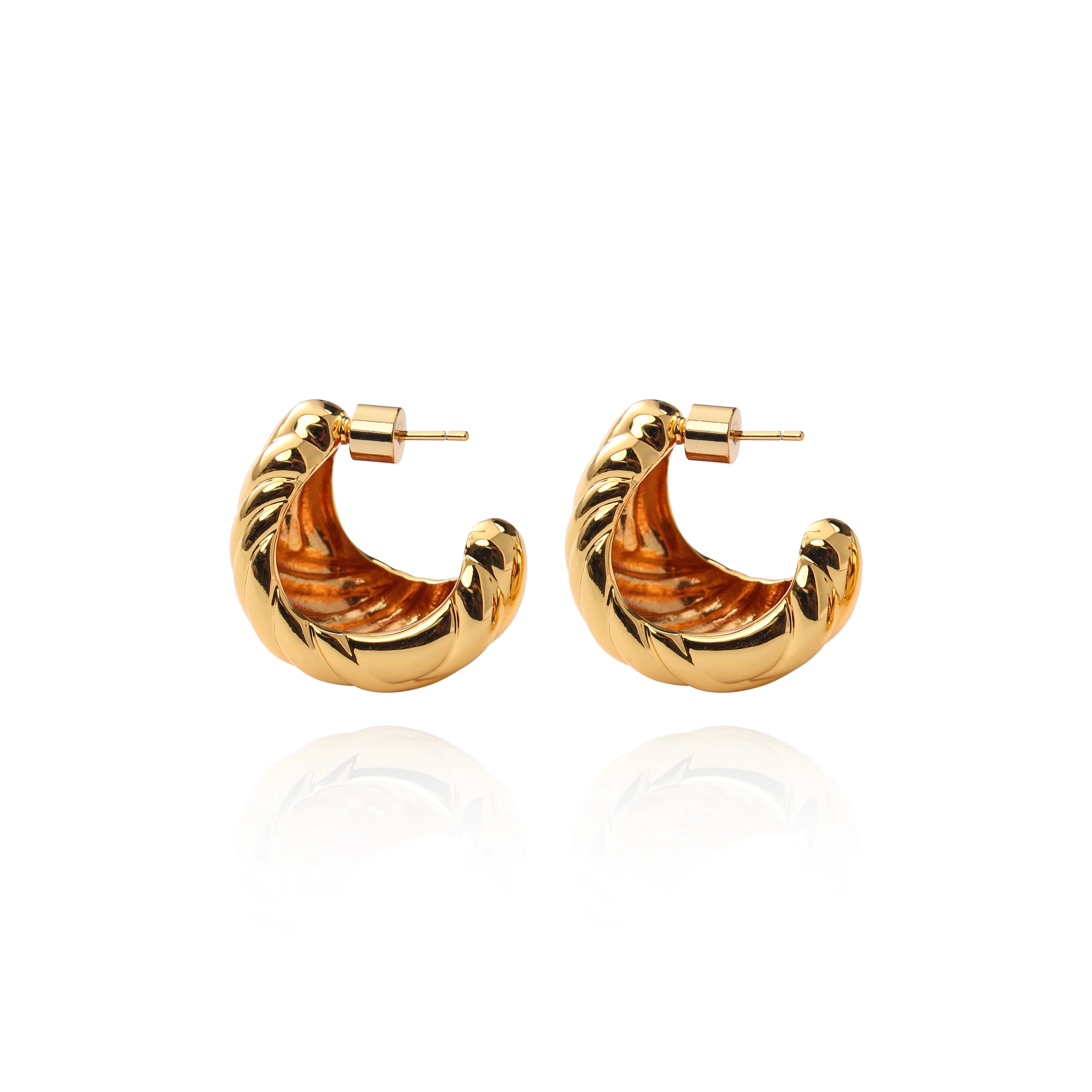 New Design Trendy Hoop Earrings Curved C Shape Striped Real Gold Plated Brass Unisex DOZM Third Party Certified