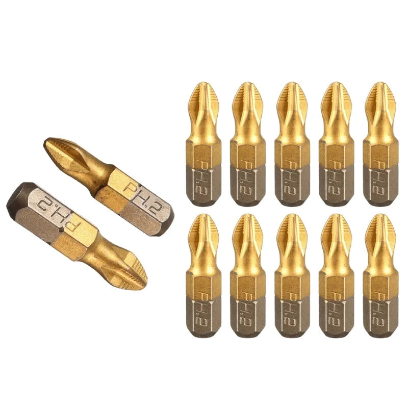 Extra Hard Non-Slip PH2 Cross Screwdriver Bits for Impact Driver Multi-function 1/4" Titanium Coated Anti Slip Tool