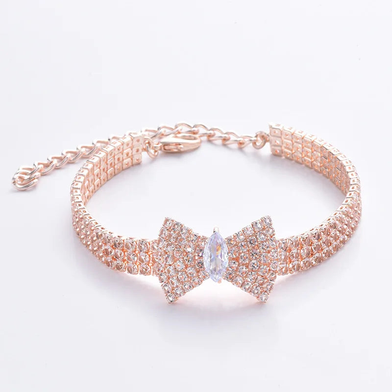 Wholesale Luxury Bling Cuban Rhinestone Bow Pet Dog Chain Diamond Collar