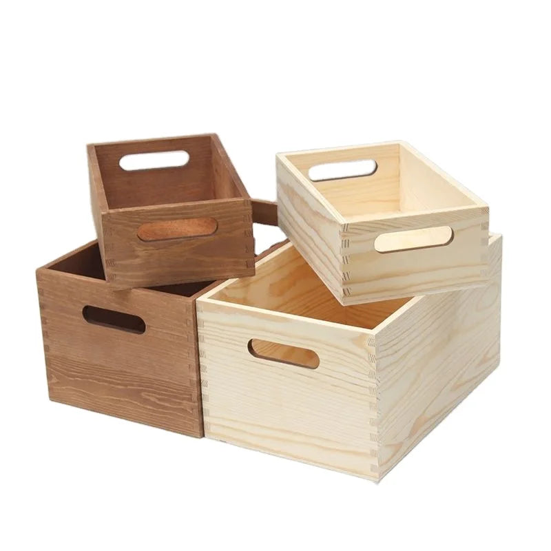 Brown and Natural Color Pine Wood Organizer Open Box Wooden Storage Container with Handle for Bathroom and Kitchen  Organizer
