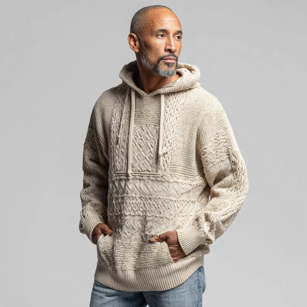 Men's Heavyweight Fisherman Knit Cotton Hoodie with Embroidered Technics Casual Outdoor Pullover Spring Season Hooded Collar