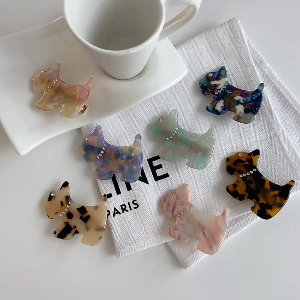 Fashion Luxury Rhinestone Marble Acetate Hair Clip Cute Animal Dog Leopard Tortoiseshell Fashion Duckbill Clip Barrette for Girl