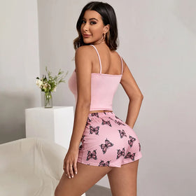 P234 Wholesale Women'S Pajamas 2Pcs Printed Halter Top + Shorts Comfortable Home Wear Set Women'S Casual Pajamas Set