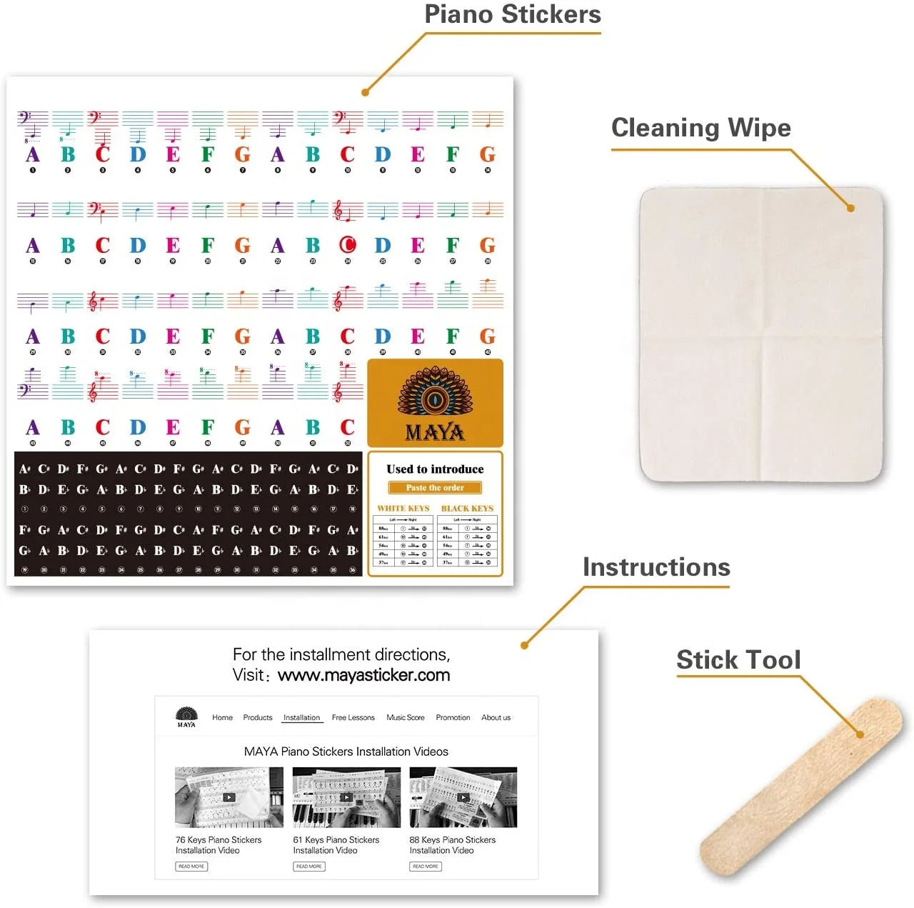 Piano Keyboard Stickers for 88/61/54/49/37 Key.Colorful Bigger LetterThinner MaterialTransparent Removablewith Cleaning Cloth
