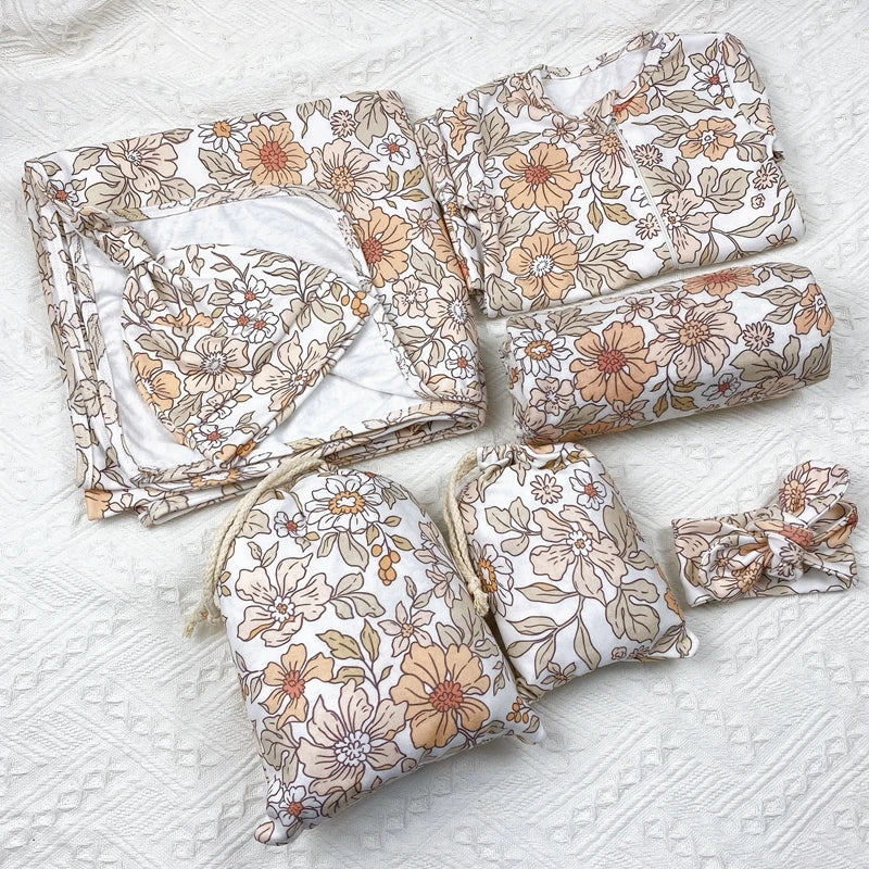 Custom Thick 100% Organic Stretchy Jersey Cotton Floral Baby Swaddle Wrap Set With Headband