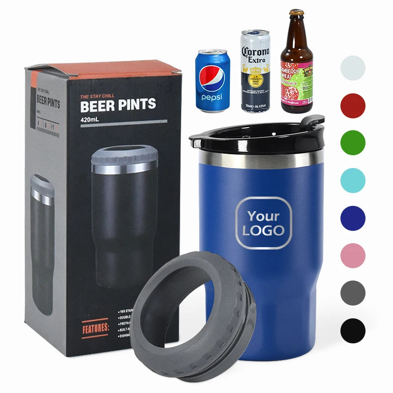 New Design Octagon Cup 4 in 1 Cooler Can 14oz Double Wall Stainless Steel Insulated Beer Can Cooler With 2 Lids