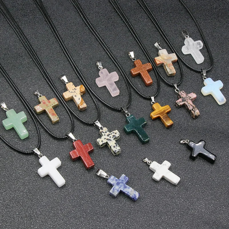 Wholesale Natural Stone Opal Amethyst Crystal Cross Pendants Diy Necklace Travel Commemoration Pendant Charm