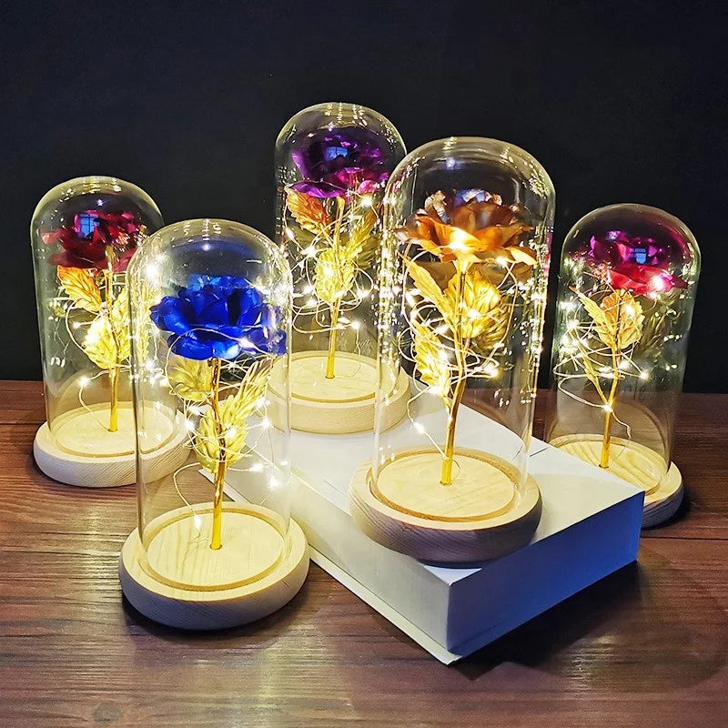 Glass Cloche Bell Jar Dome with Black Plastic LED Light Base for Christmas Wedding Party Valentine's Day Banquet Decoration