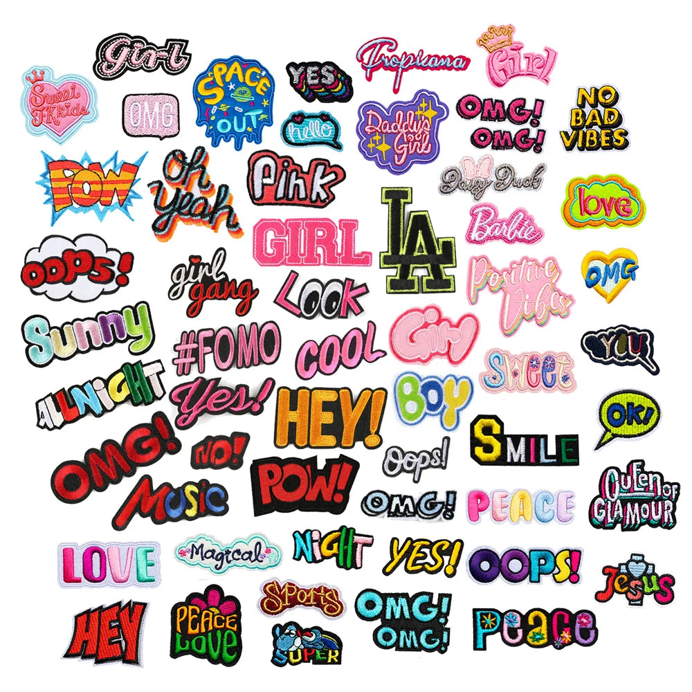 Hot Sale Various Word Text Design Iron on Custom logo Patches Embroidery for Clothes Bag Hats