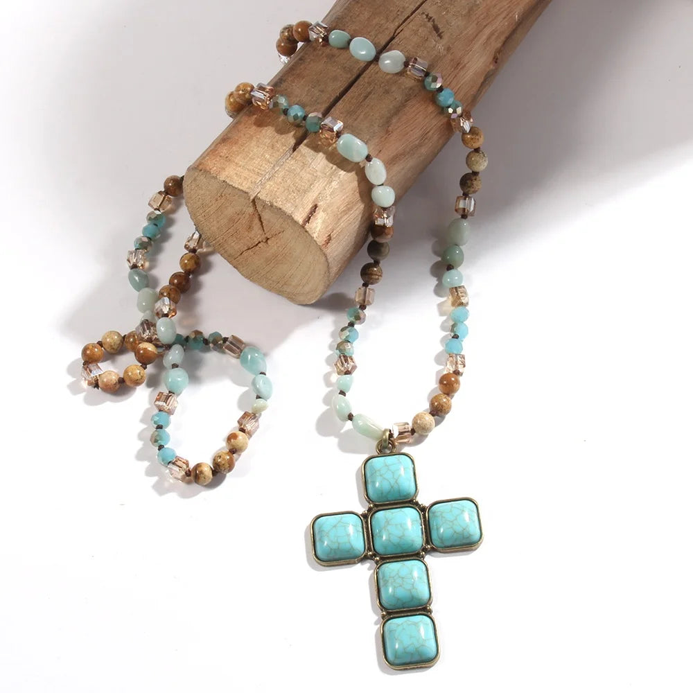 Trendy Bohemian Natural African Turquoise Amazonite Chip Stone Glass Knot Western Necklace Square Cross Pendant Necklace