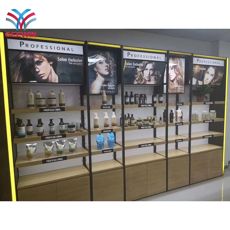 Wall Side 4 Layers Flat Panel With Cabinet Light Duty Supermarket Shop Store Display Wooden Metal Shelf Shelving Rack