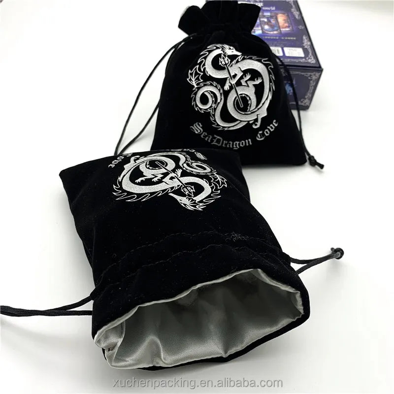 Black Velvet Dice Pouch With Silver StampedSatin Lining Velvet Dice Bags