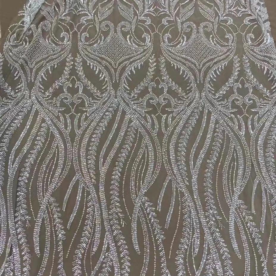 New Style 100% Polyester Eco-Friendly White Bridal Embroidered Beaded & Sequined Lace Mesh Fabric XM-BF0535