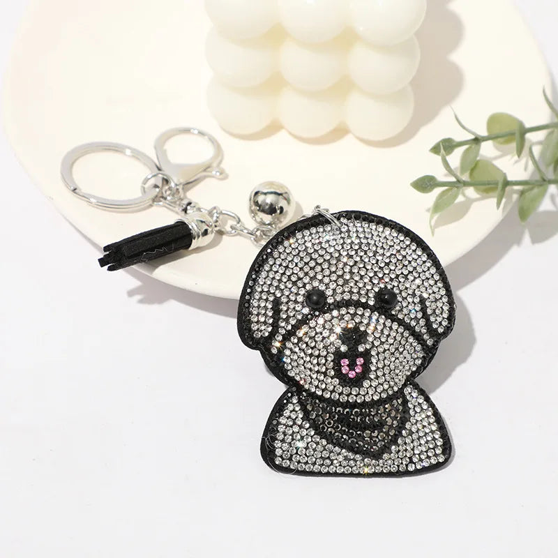 Promotional Gift Fashion Tassel Bag Pendant Glitter Cartoon Bling Rhinestone Dog Puppy Keychain