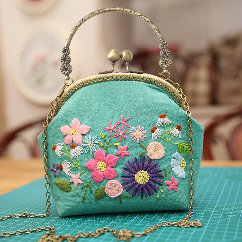 DIY Ribbon Embroidery Flowers Chain Bag Handbag Needlework for BeginnerCross Stitch Kit Purse Wallet