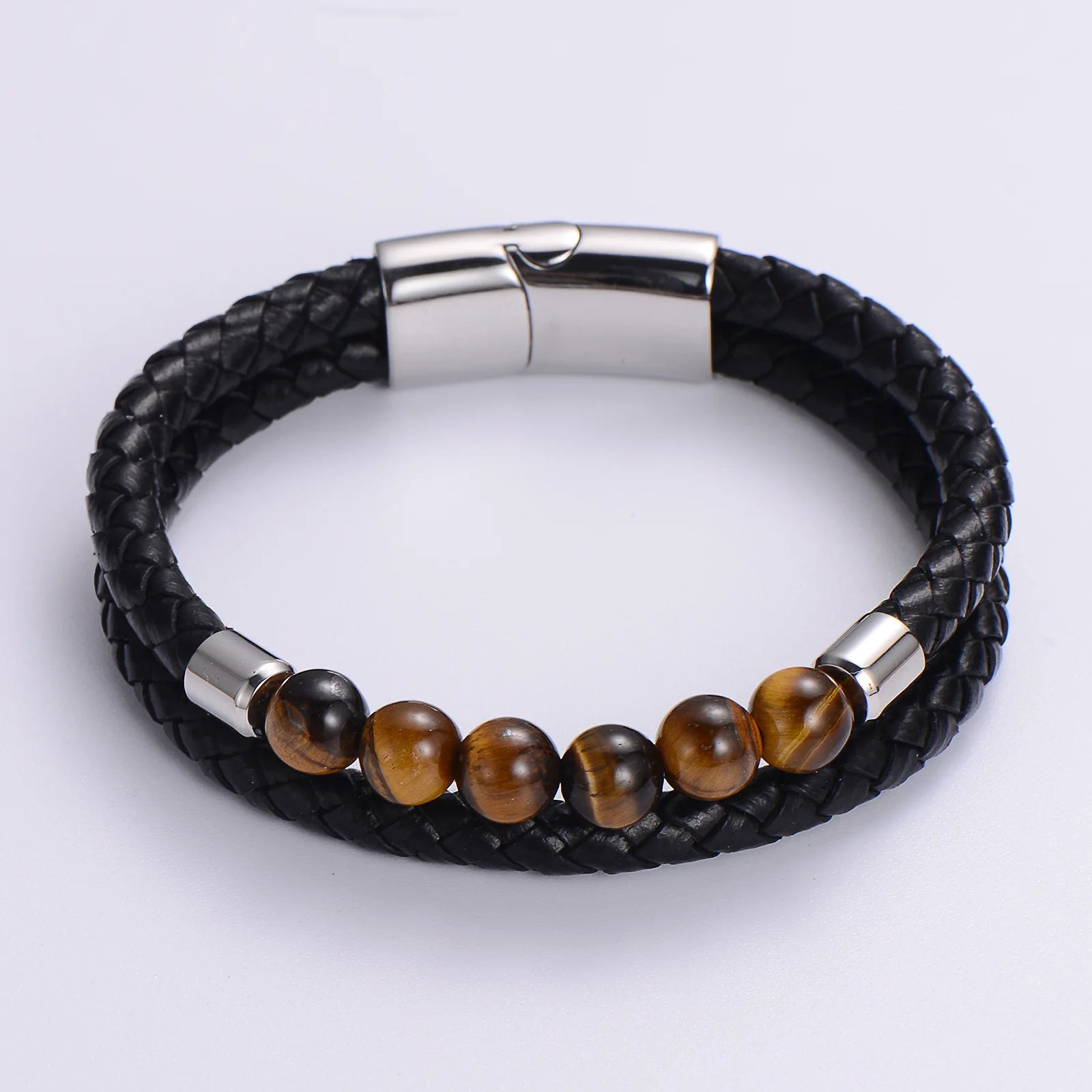 Stainless Steel Magnetic Clasp Men Personalised Gemstone Turquoise tiger Eye Leather and Bead Bracelet