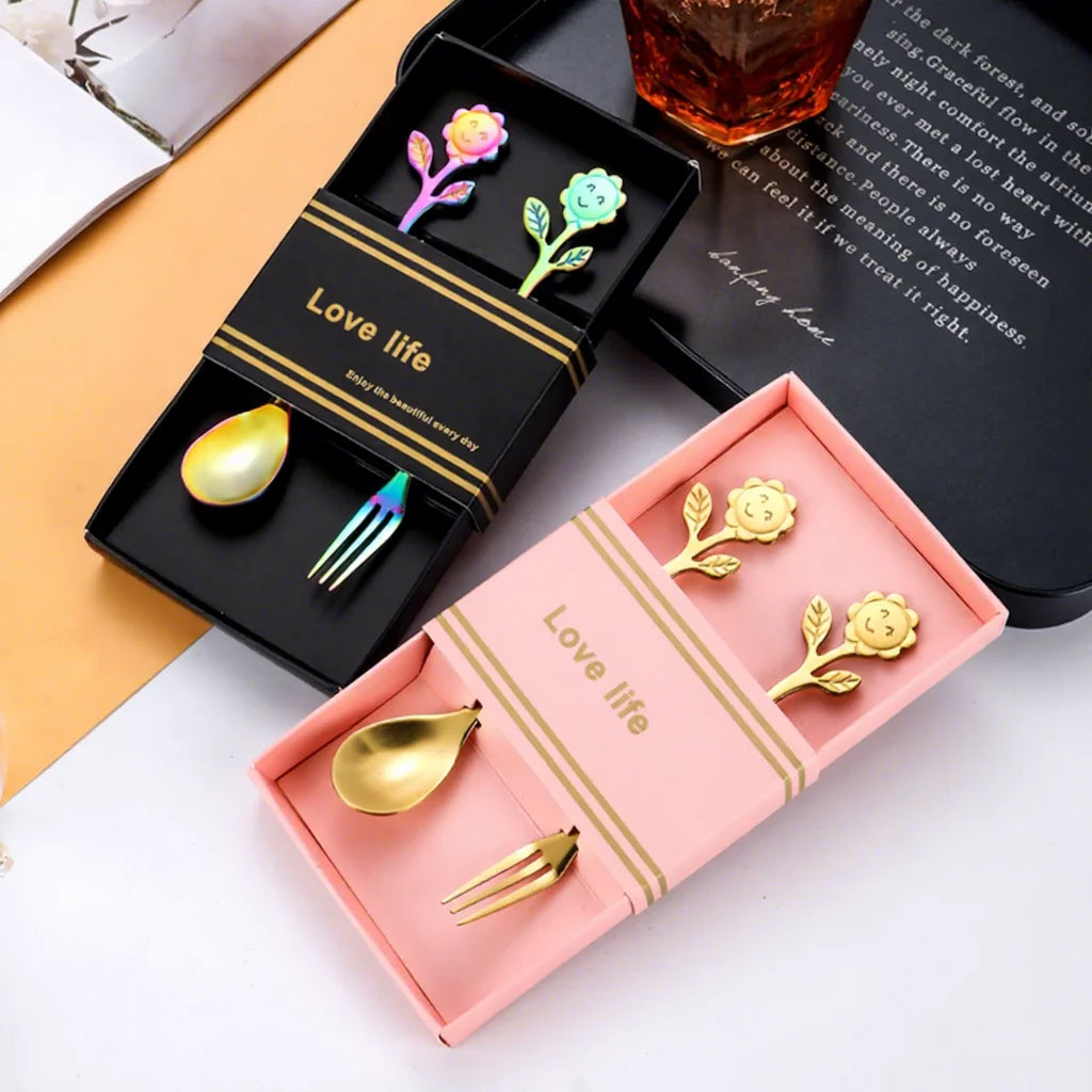 Creative Stainless Steel Sunflower Spoon Fork 2 Pcs Set Coffee Dessert Spoon Wedding Gold Gift Fork Spoon