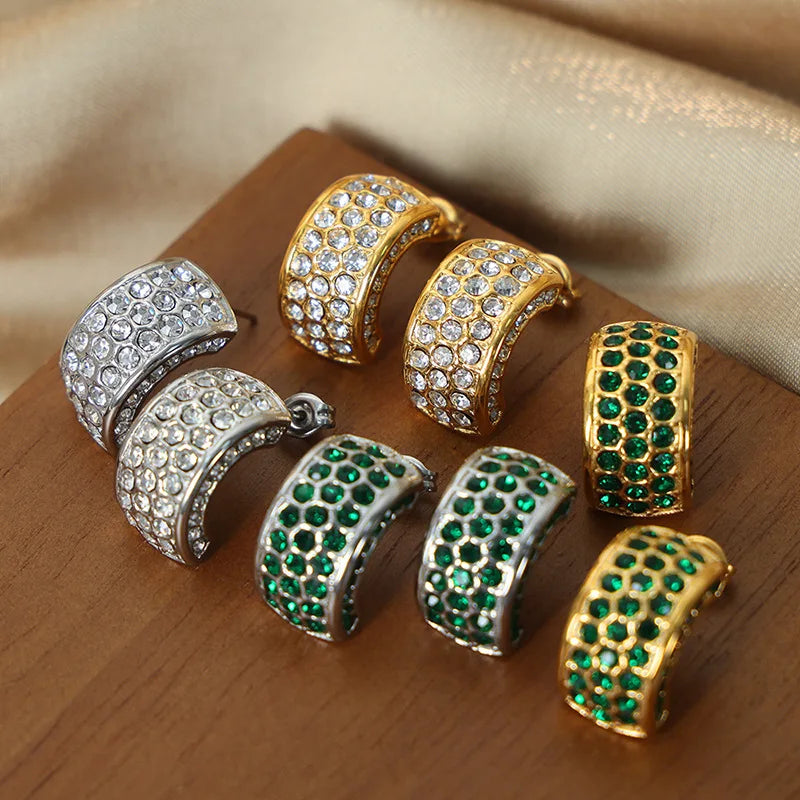 Chunky Stainless Steel Emerald Earrings 18K Gold Plated Cubic Zirconia CZ C Shape Earrings for Women