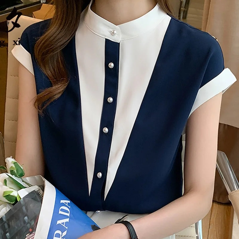 Women's Casual Simple Wide Sleeve Button Stand Collar Chiffon Blouse Office Woven Eco-Friendly Summer Tops 0010#
